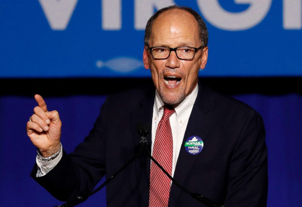 PHOTO: Democratic National Committee Chairman Tom Perez speaks at an election night rally in Fairfax, Va., Nov. 7, 2017.