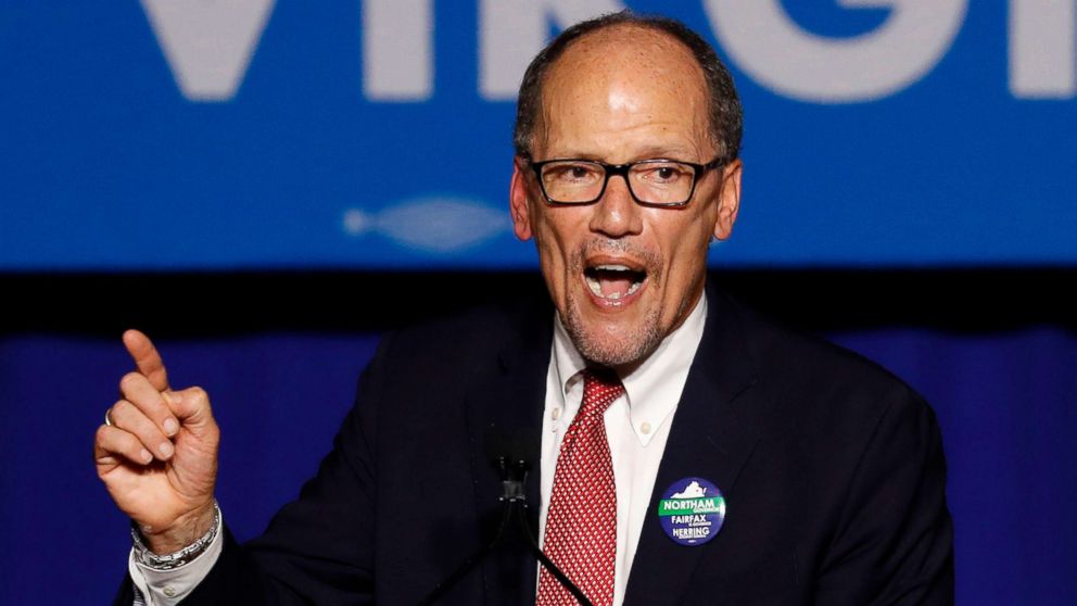 Democratic National Committee Chairman Tom Perez speaks at an election night rally in Fairfax, Va., Nov. 7, 2017.