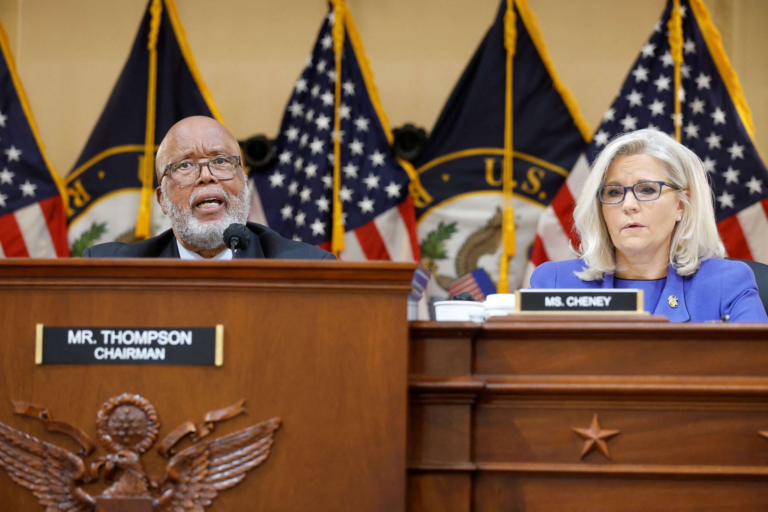 PHOTO: Chairman Representative Bennie Thompson speaks next to Vice Chair Representative Liz Cheney during the opening public hearing of the U.S. House Select Committee to Investigate the January 6 Attack, in Washington, D.C., June 9, 2022.