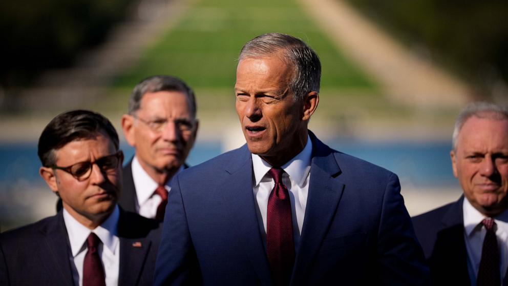 PHOTO: Senate Majority Leader John Thune speaks during a news conference on the Upper West Terrace of U.S. Capitol Building on October 1, 2025 in Washington, DC.