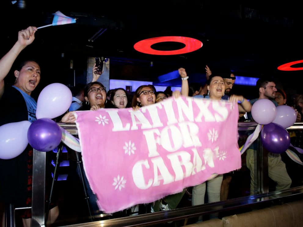 PHOTO: Supporters react to the poll results as they gather at the campaign headquarters of Queens district attorney candidate Tiffany Caban Tuesday, June 25, 2019, in the Queens borough of New York.