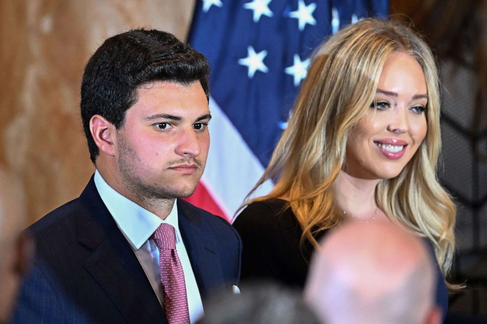 PHOTO: Tiffany Trump and her husband Michael Boulos attend former President Donald Trump's press conference following his court appearance over an alleged 'hush-money' payment, at his Mar-a-Lago estate in Palm Beach, Fla., on April 4, 2023.