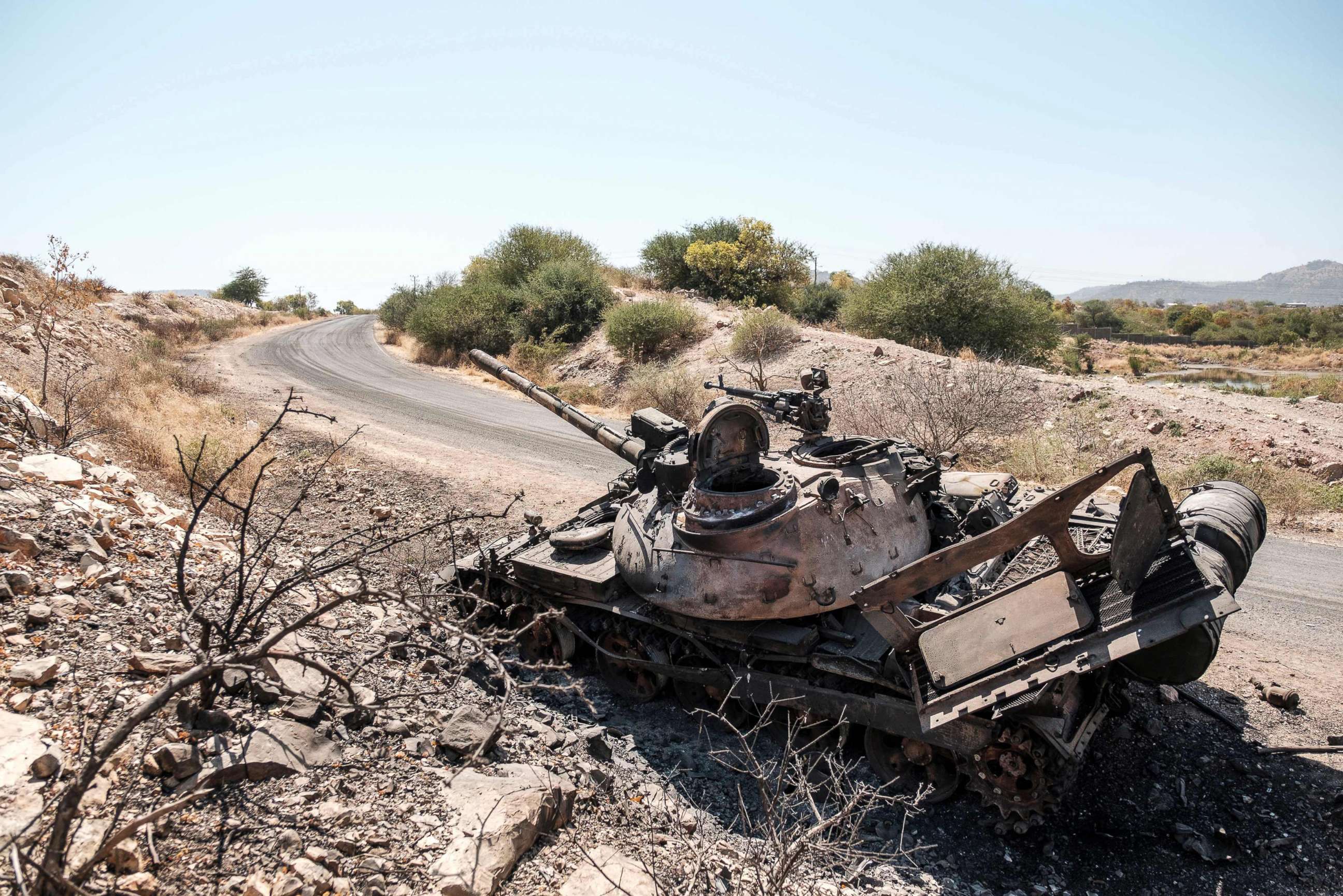 PHOTO: A damaged tank stands abandoned on a road near Humera, Ethiopia, Nov. 22, 2020.