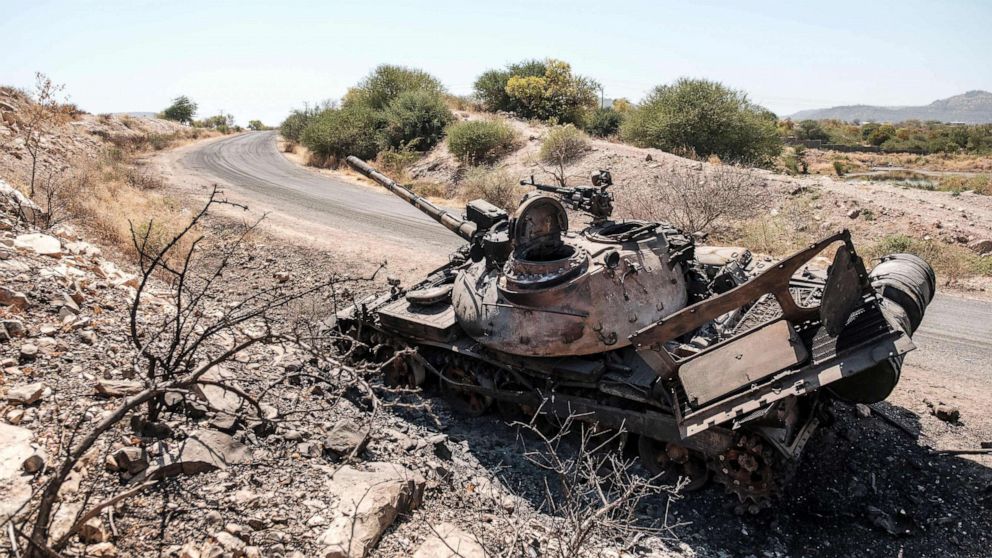 PHOTO: A damaged tank stands abandoned on a road near Humera, Ethiopia, Nov. 22, 2020.