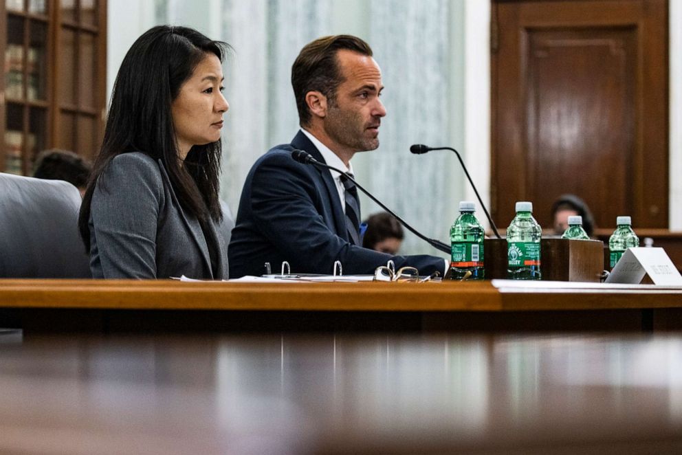 PHOTO: Jennifer Stout (L), Vice President of Global Public Policy at Snap Inc., and Michael Beckerman (R), Vice President and Head of Public Policy at TikTok, testify before a Senate Subcommittee on Consumer Protection, Oct. 26, 2021, in Washington, D.C. 