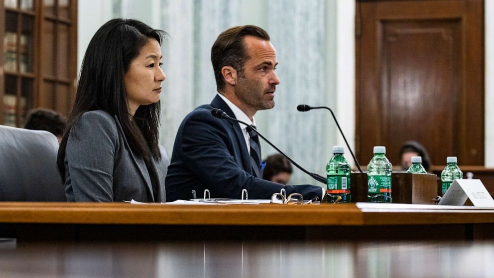 PHOTO: Jennifer Stout (L), Vice President of Global Public Policy at Snap Inc., and Michael Beckerman (R), Vice President and Head of Public Policy at TikTok, testify before a Senate Subcommittee, Oct. 26, 2021, in Washington, D.C. 