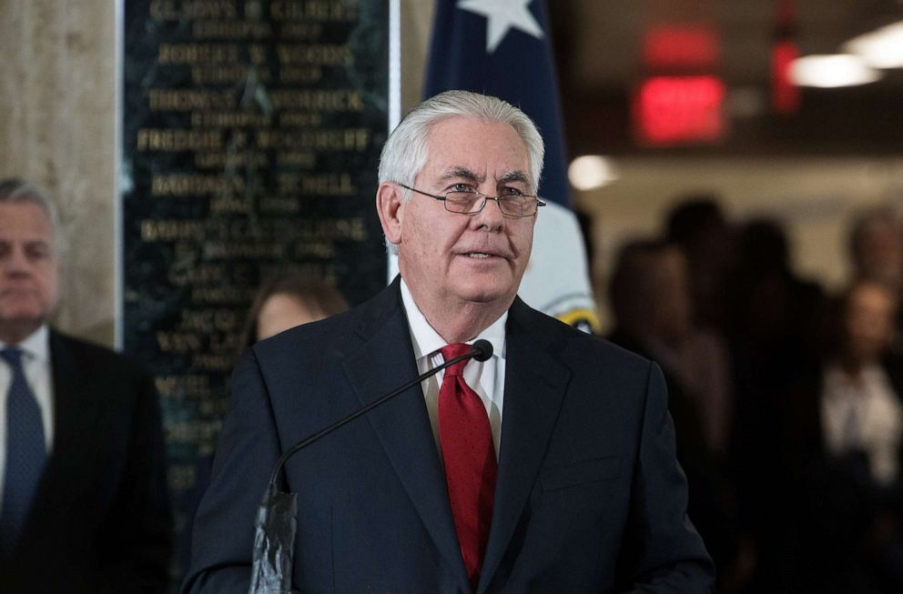 PHOTO: Outgoing US Secretary of Sate Rex Tillerson bids farewell to State Department staff at the State Department in Washington, DC, on March 22, 2018.