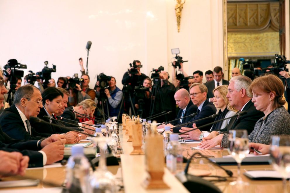 PHOTO: Russian Foreign Minister Lavrov gives opening remarks ahead of a bilateral meeting with U.S. Secretary of State Rex Tillerson and his delegation in Moscow, Russia, on April 12, 2017.