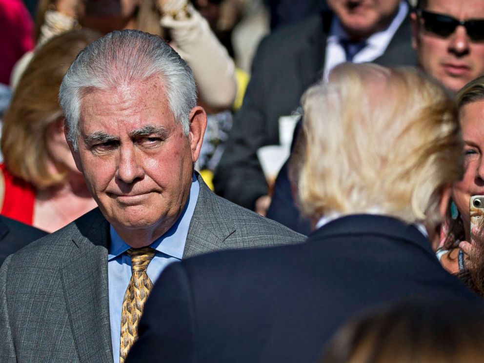 PHOTO: U.S. Secretary of State Rex Tillerson looks at President Donald J. Trump during a ceremony to commemorate the Sept. 11, 2001 terrorist attacks, at the Pentagon in Washington, Sept. 11, 2017.