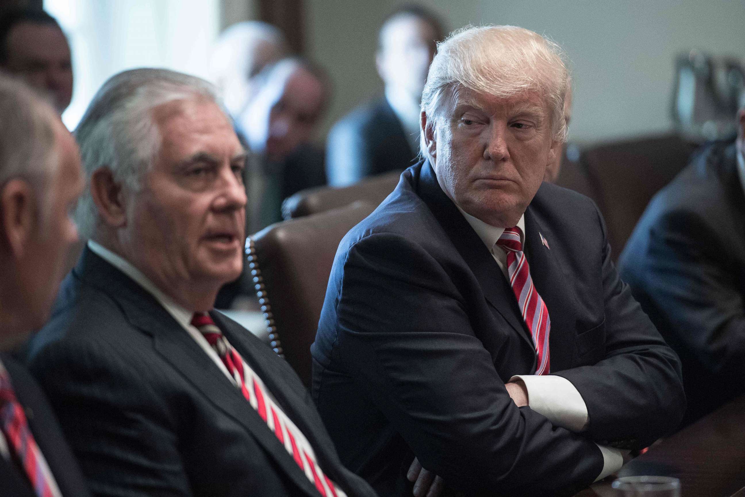 PHOTO: President Donald Trump listens to Secretary of State Rex Tillerson speak during a cabinet meeting at the White House in Washington, June 12, 2017. 