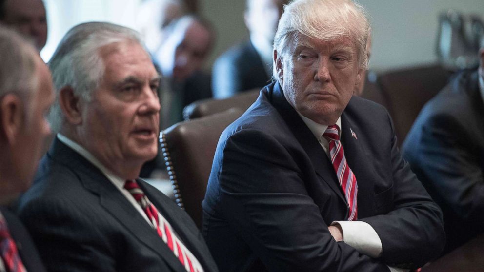 PHOTO: President Donald Trump listens to Secretary of State Rex Tillerson speak during a cabinet meeting at the White House in Washington, June 12, 2017. 