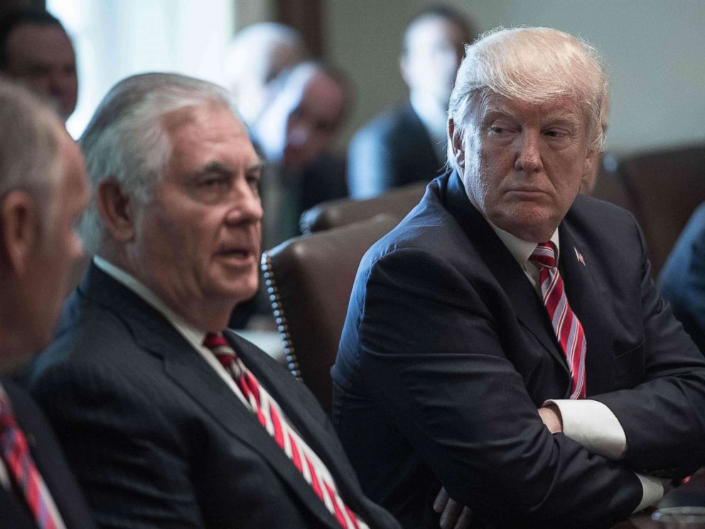 PHOTO: President Donald Trump listens to Secretary of State Rex Tillerson speak during a cabinet meeting at the White House in Washington, June 12, 2017.