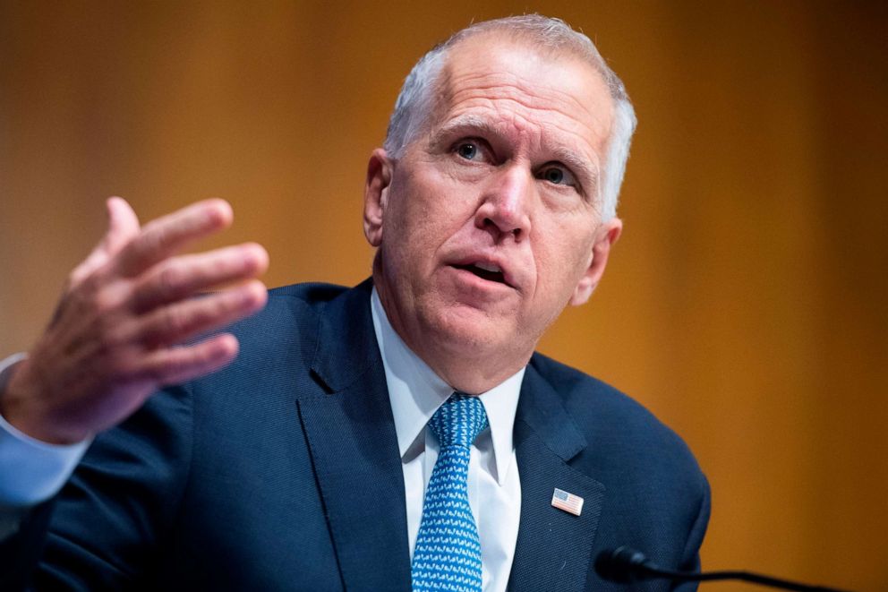 PHOTO: Sen. Thom Tillis asks a question during a Senate Judiciary Committee hearing in Washington, June 16, 2020.