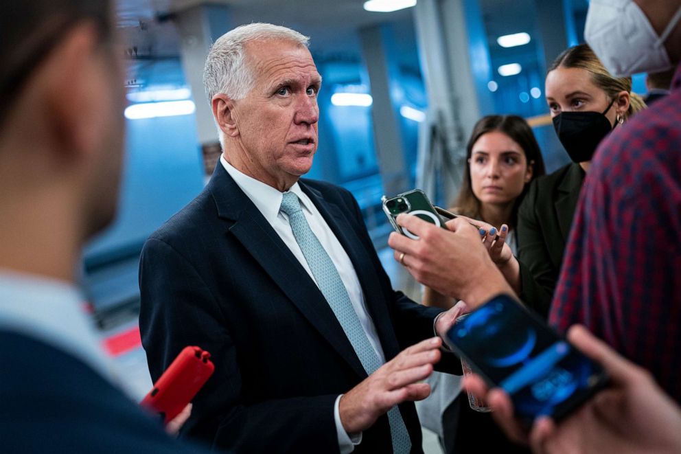 PHOTO: Sen. Thom Tillis speaks with members of the media following a vote in the basement of the US Capitol, in Washington, D.C., July 19, 2022.