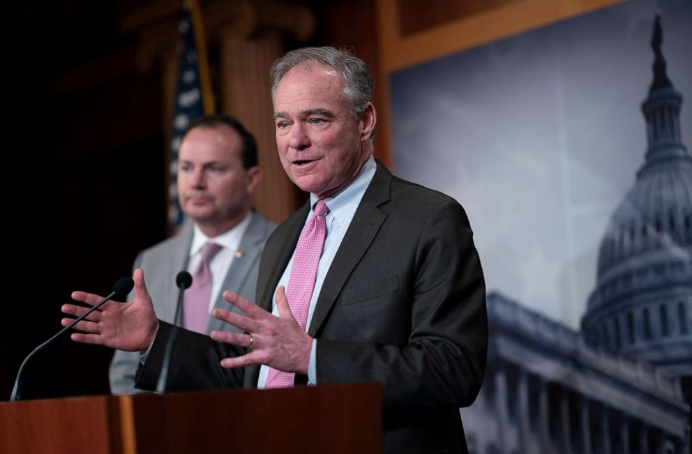 PHOTO: Sen. Tim Kaine meets with reporters after the Senate advanced a resolution asserting that President Donald Trump must seek approval from Congress before engaging in further military action against Iran, at the Capitol in Washington, Feb. 12, 2020.