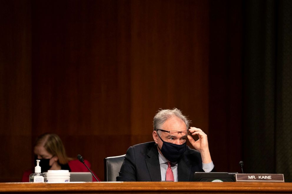 PHOTO: Sen. Tim Kaine listens during a Senate Armed Services Committee hearing on Capitol Hill, Jan. 12, 2021, in Washington, DC.