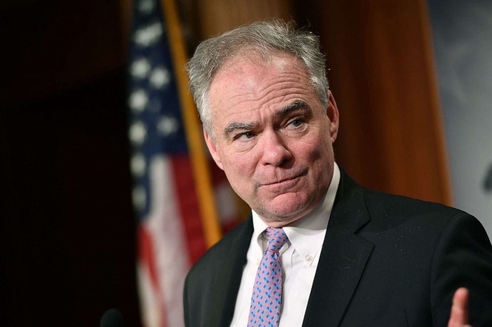 PHOTO: Senator Tim Kaine speaks to the press at the U.S. Capitol in Washington, D.C., Feb. 13, 2020.