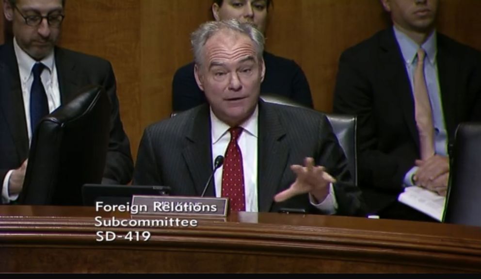 PHOTO: Senator Tim Kaine asks questions at the Senate Foreign Relations subcommittee hearing, "Next Steps on U.S. Policy Toward North Korea" on June 5, 2018 in Washington