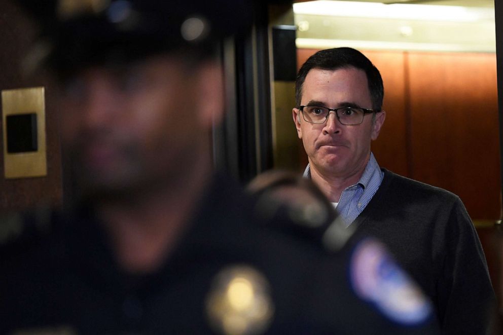 PHOTO: Tim Morrison, the top Russia official on President Trump's National Security Council, gets off of an elevator as he returns to Capitol Hill in Washington, D.C., Nov. 6, 2019, to review his testimony before the House impeachment inquiry.