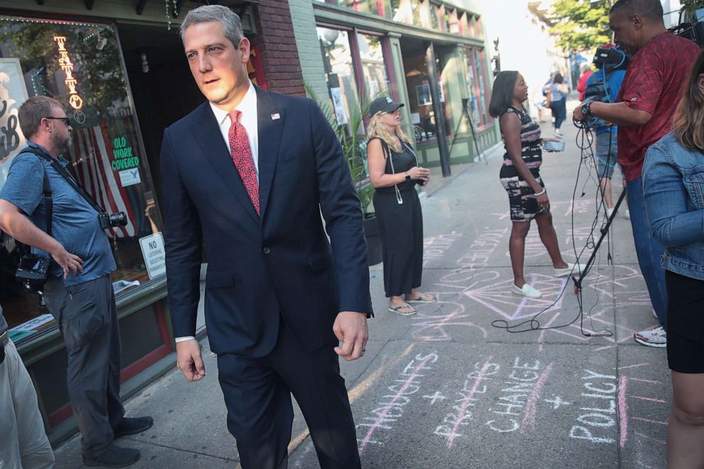 PHOTO: Democratic presidential candidate and Ohio congressman Tim Ryan visits the Oregon District following a mass shooting, Aug. 5, 2019, in Dayton, Ohio.