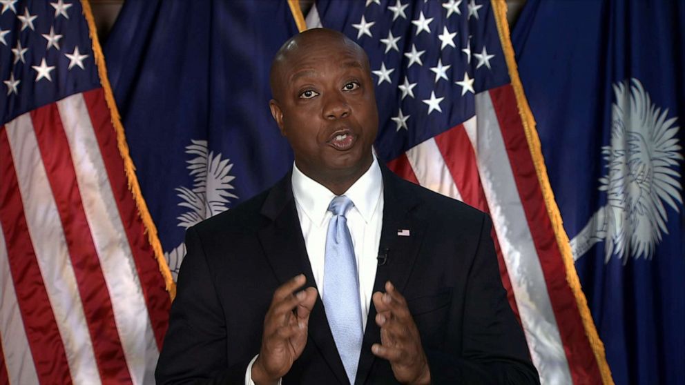 PHOTO: Sen. Tim Scott delivers the Republican response to President Joe Biden's address to Congress, in Washington, April 28, 2021.