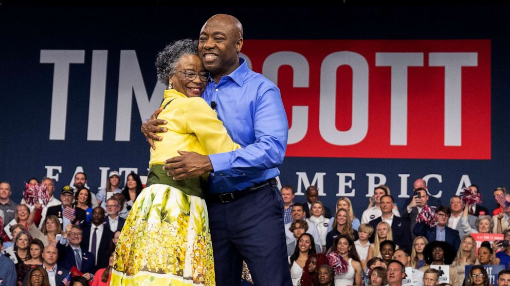 PHOTO: Republican presidential candidate Tim Scott hugs his mother Frances Scott after announcing his candidacy for president of the United States on the campus of Charleston Southern University in North Charleston, S.C., May 22, 2023.
