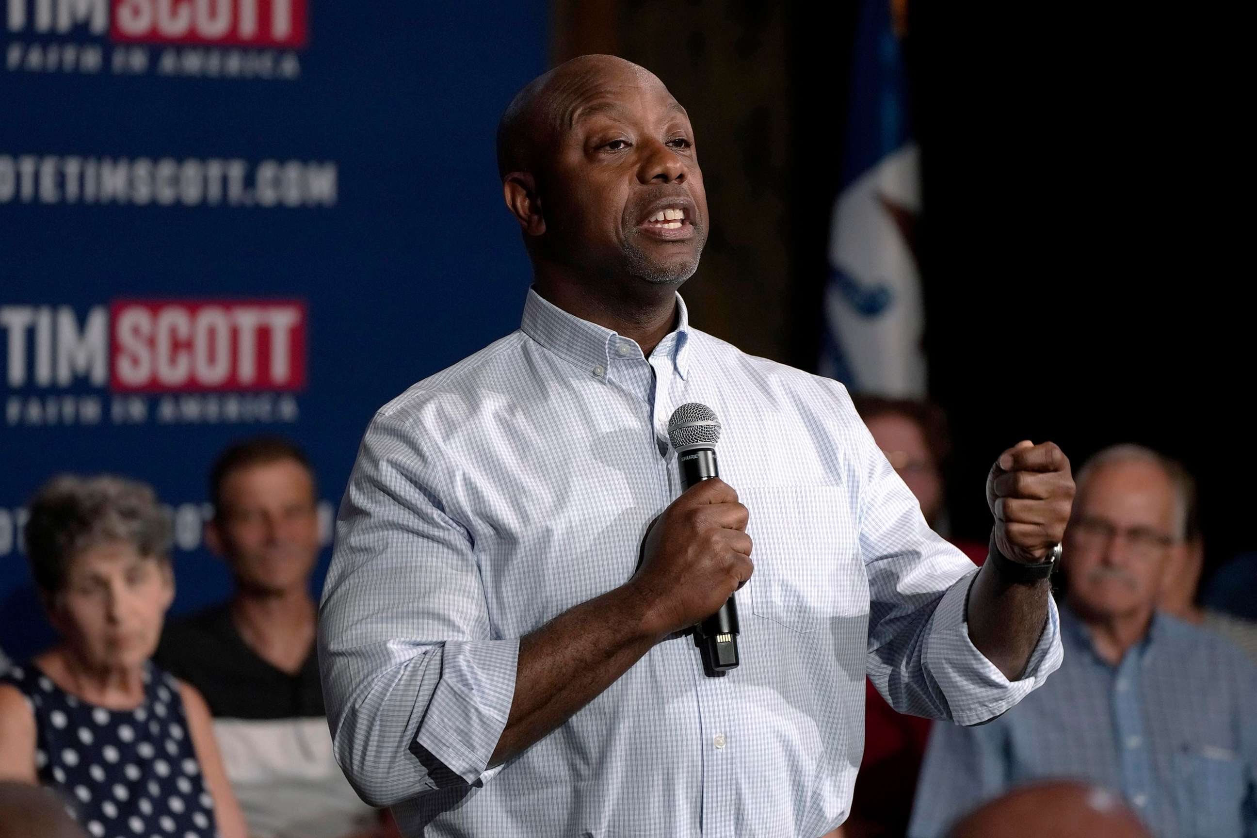 PHOTO: Republican presidential candidate Sen. Tim Scott speaks during a town hall meeting, on June 14, 2023, in Pella, Iowa.