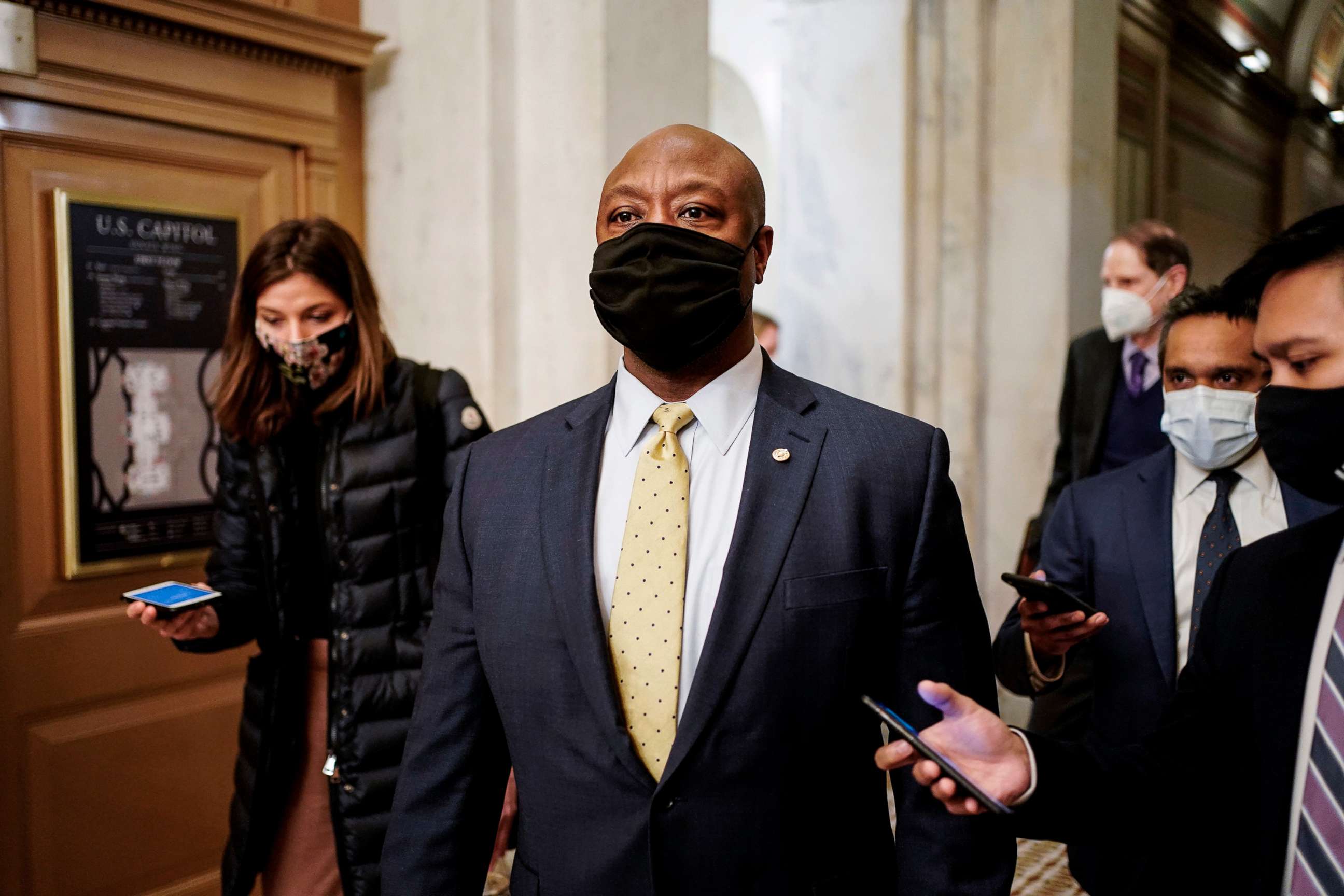 PHOTO: Sen. Tim Scott departs after the second day of former President Donald Trump's impeachment trial before the Senate on Capitol Hill, Feb. 10, 2021, in Washington.