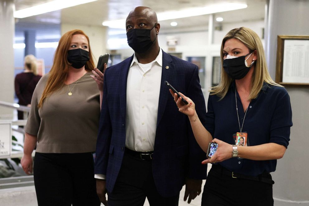 PHOTO: Sen. Tim Scott speaks to reporters at the U.S. Capitol, April 12, 2021, in Washington.