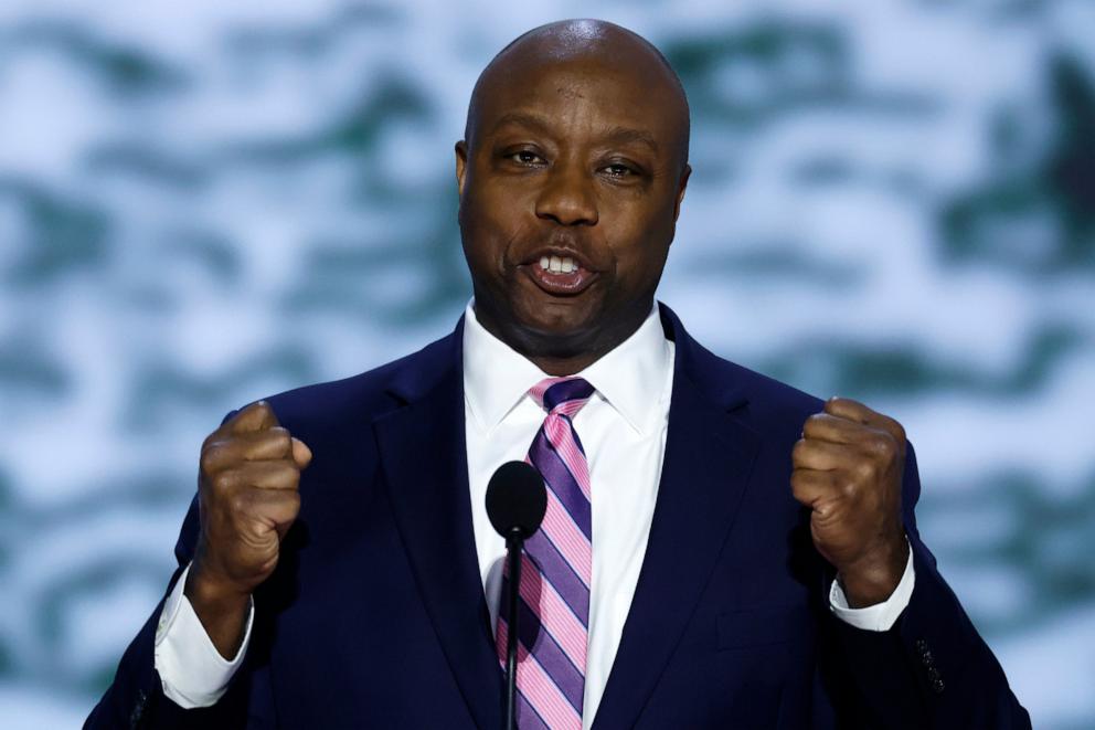 PHOTO: Sen. Tim Scott (R-SC) speaks on stage on the first day of the Republican National Convention on July 15, 2024 in Milwaukee, Wis.