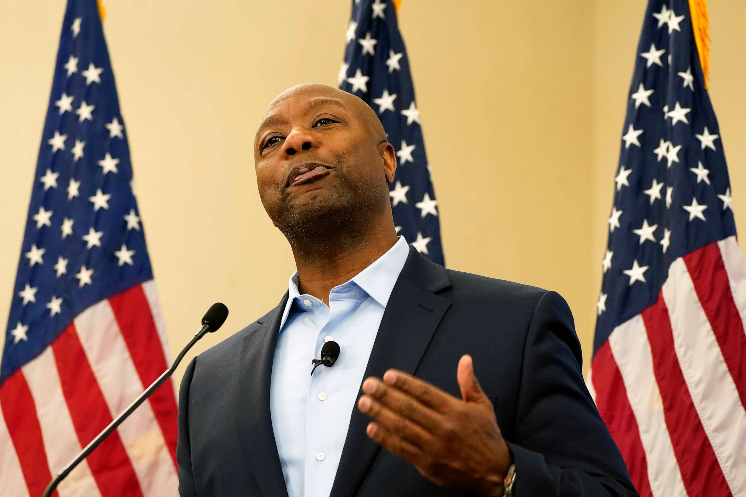 PHOTO: Sen. Tim Scott speaks during a Faith in America Tour event, Feb. 22, 2023, at Drake University in Des Moines, Iowa.