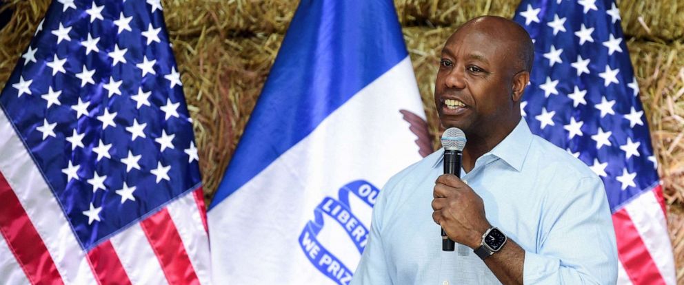 PHOTO: Republican presidential candidate Tim Scott speaks at the "Roast and Ride" event hosted by U.S. Senator Joni Ernst while campaigning in Des Moines, Iowa, June 3, 2023.