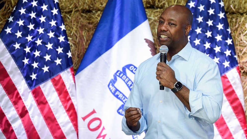PHOTO: Republican presidential candidate Tim Scott speaks at the "Roast and Ride" event hosted by U.S. Senator Joni Ernst while campaigning in Des Moines, Iowa, June 3, 2023.