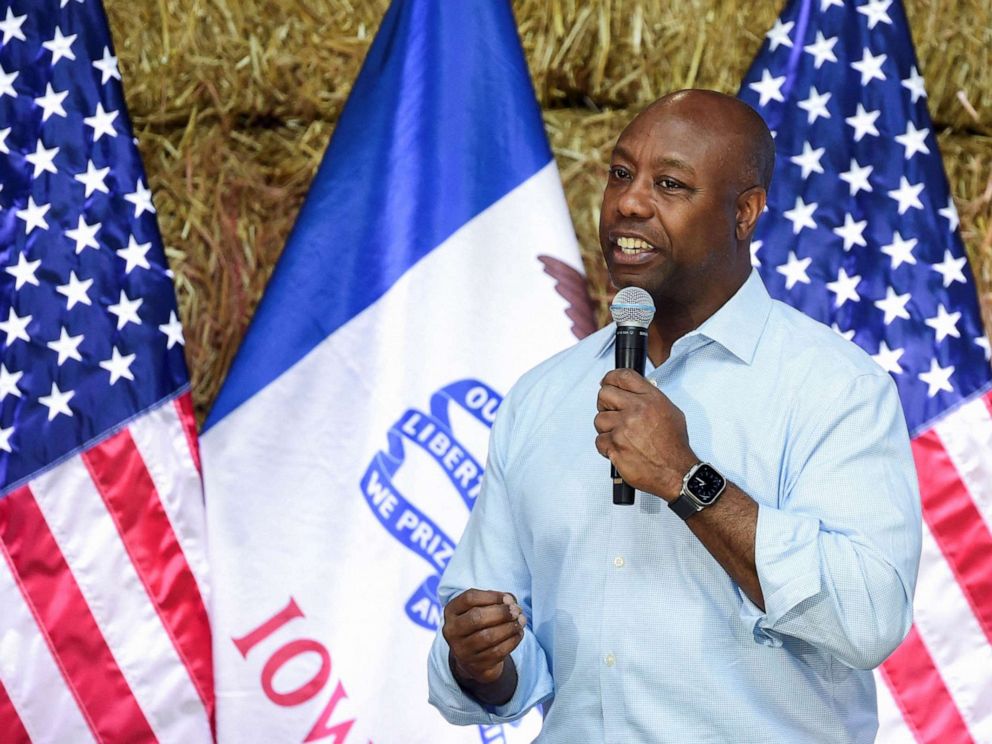 PHOTO: Republican presidential candidate Tim Scott speaks at the Roast and Ride event hosted by U.S. Senator Joni Ernst while campaigning in Des Moines, Iowa, June 3, 2023.