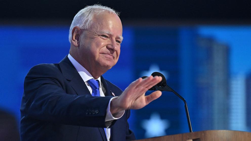 PHOTO: Minnesota Governor and 2024 Democratic vice presidential candidate Tim Walz gestures as he speaks on Day 3 of the Democratic National Convention in Chicago, Aug.21, 2024. 