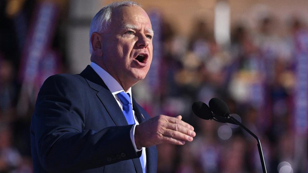 PHOTO: Minnesota Governor and 2024 Democratic vice presidential candidate Tim Walz speaks on Day 3 of the Democratic National Convention at the United Center in Chicago, Aug. 21, 2024.