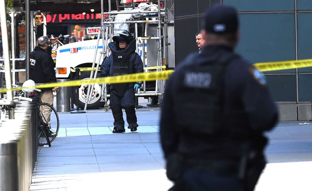 PHOTO: A New York Bomb Squad unit exits the Time Warner Building on Oct. 24, 2018, where a suspected explosive device was found in the building after it was delivered to CNN's New York bureau.