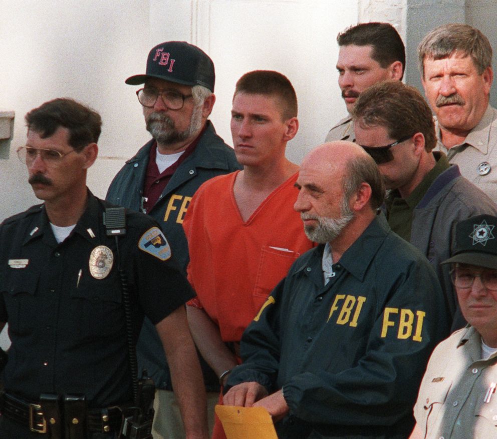 PHOTO: This April 21, 1995, file photo shows Timothy McVeigh being led by FBI agents after being charged with involvement in the April 19, 1995, bombing of the Alfred P. Murrah Federal Building in Oklahoma City, Okla.