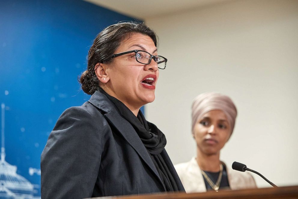 PHOTO: U.S. Reps. Rashida Tlaib and Ilhan Omar hold a news conference on August 19, 2019, in St. Paul, Minnesota.