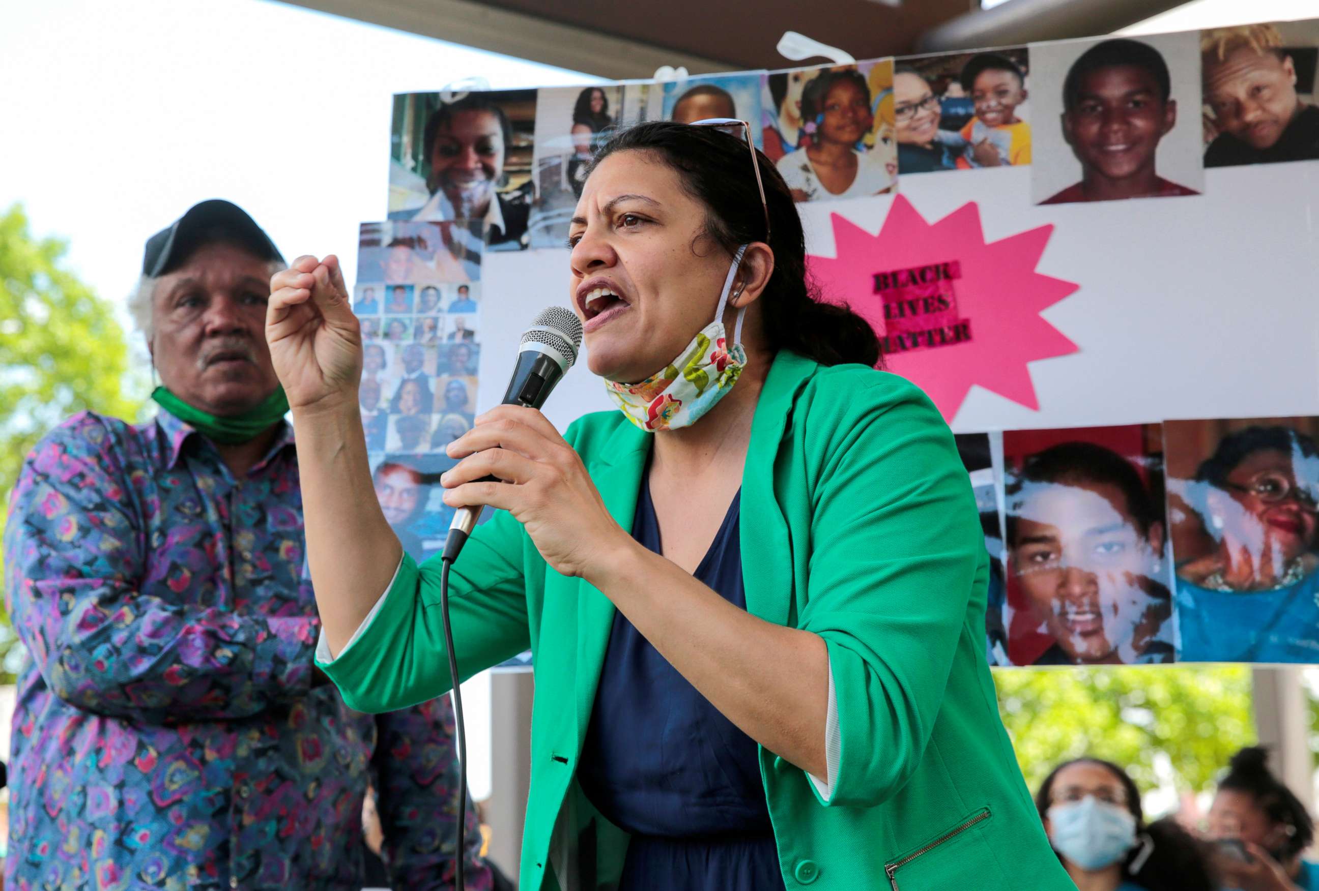 PHOTO: Michigan Democratic U.S. Rep. Rashida Tlaib addresses a rally protesting against racial inequality in the aftermath of the death in Minneapolis police custody of George Floyd, in Detroit, Michigan, U.S. June 6, 2020. 