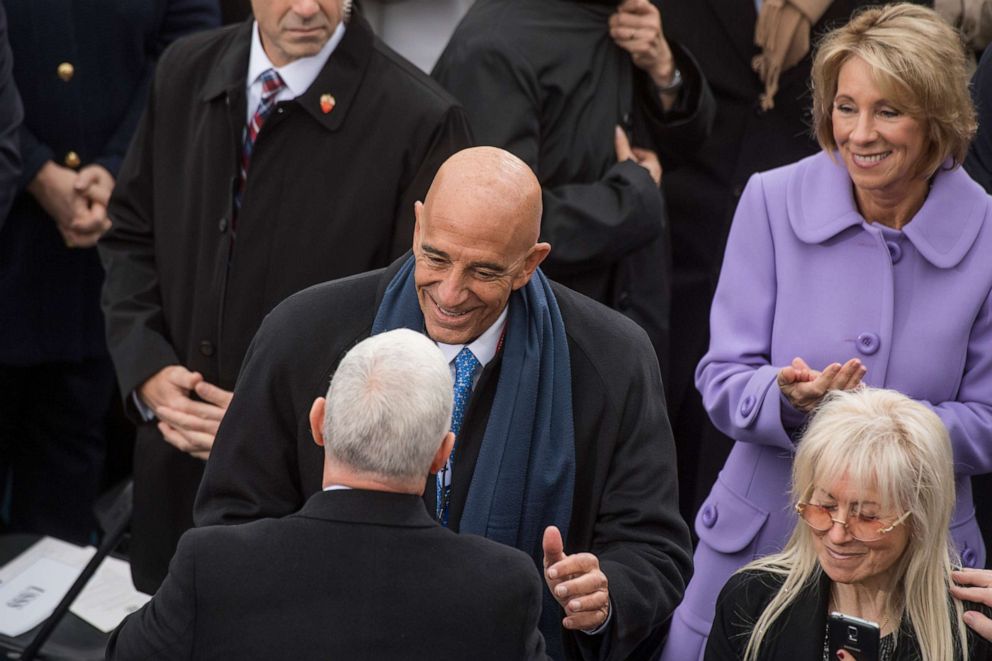 PHOTO: Thomas Barrack, chairman of the Presidential Inaugural Committee, greets Vice President Mike Pence on the West Front of the Capitol before Donald J. Trump was sworn in as the 45th President of the United States, January 20, 2017.