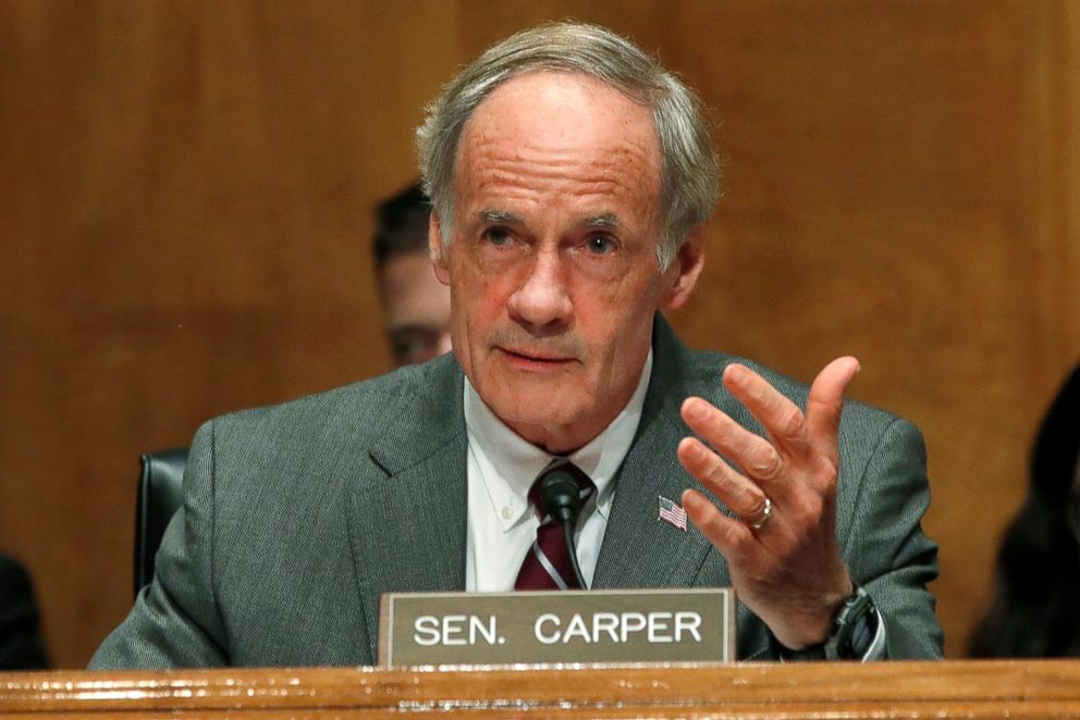 PHOTO: Sen. Thomas Carper, D-Del., asks a question of Homeland Security Secretary Kirstjen Nielsen as she testifies to the Senate Homeland Security Committee on Capitol Hill in Washington.