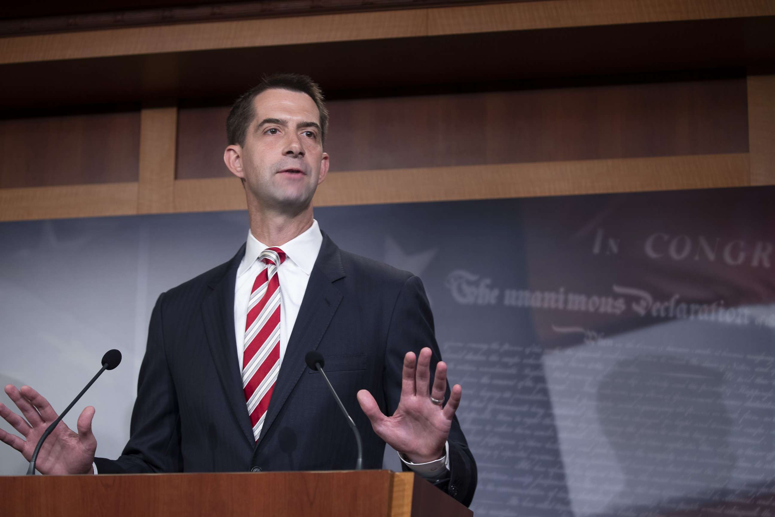 PHOTO: Sen. Tom Cotton attends a press conference announcing Senate Republicans' opposition to D.C. statehood on Capitol Hill July 1, 2020 in Washington.