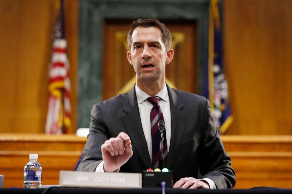 PHOTO: Sen. Tom Cotton speaks during a Senate Intelligence Committee nomination hearing for Rep. John Ratcliffe on Capitol Hill in Washington.