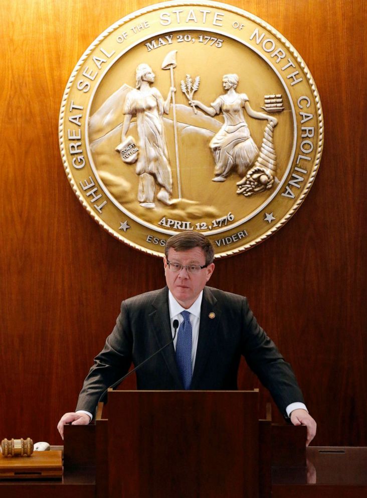 PHOTO: N.C. House Speaker Tim Moore speaks as the N.C. General Assembly convenes for a special session at the Legislative Building on Dec. 21, 2016, in Raleigh, N.C.