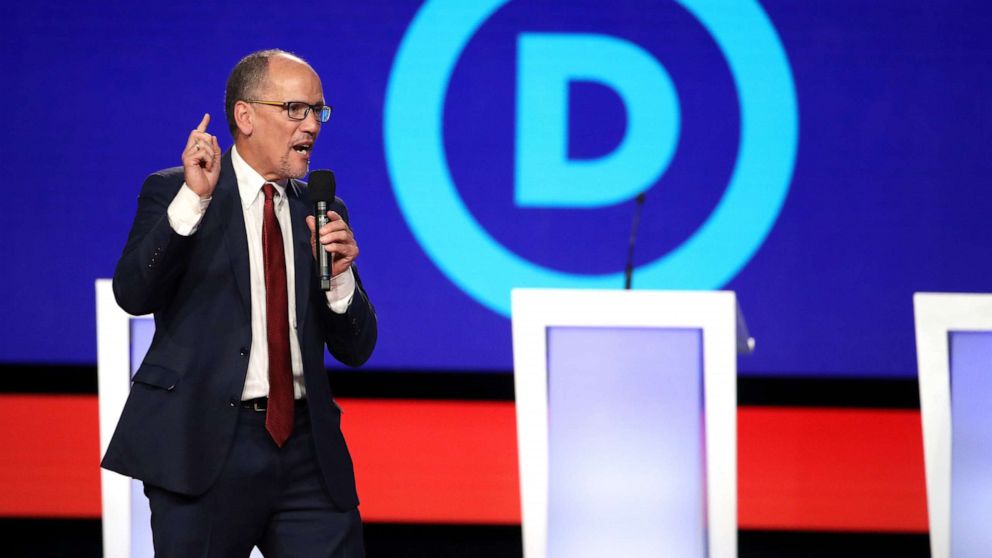 PHOTO: Democratic National Committee chair Tom Perez speaks before the Democratic Presidential Debate at Otterbein University, Oct. 15, 2019, in Westerville, Ohio.