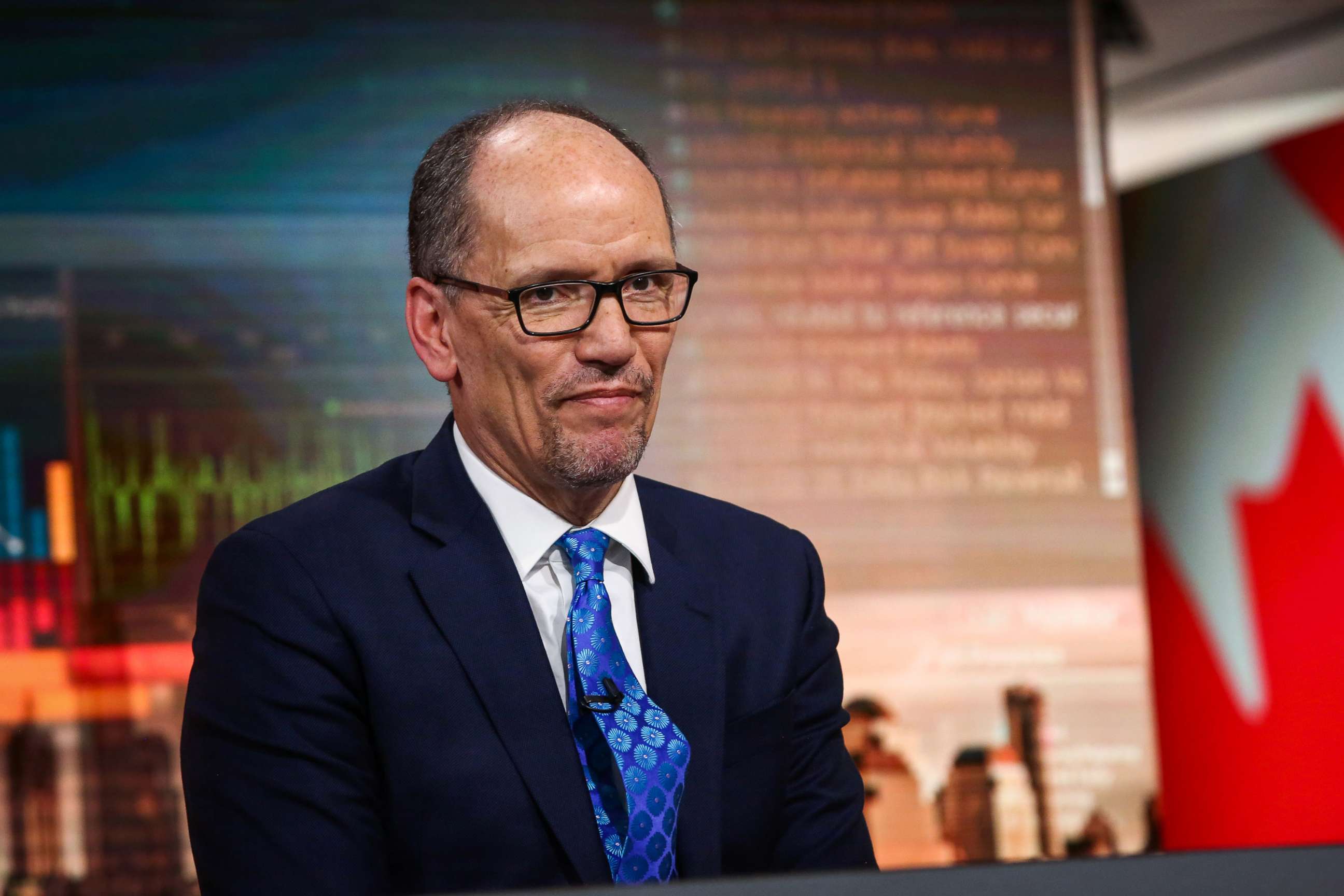 PHOTO: Tom Perez listens during a Bloomberg Television interview in N.Y., Jan. 31, 2018.