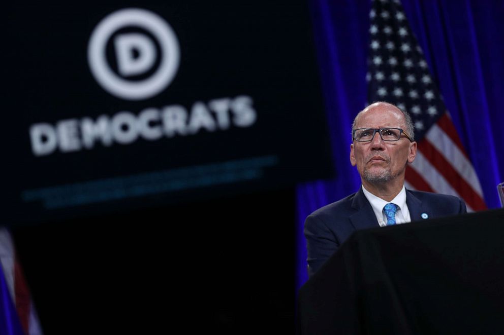 PHOTO: Democratic National Committee chairman Tom Perez looks on during the DNC's summer meeting on Aug. 23, 2019, in San Francisco.