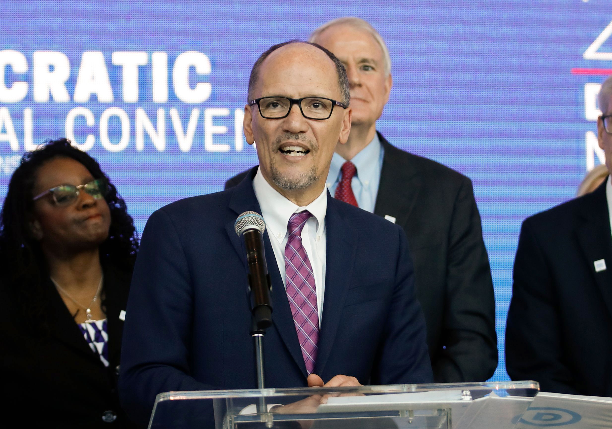 PHOTO: Chair of the Democratic National Committee Tom Perez speaks during a press conference at the Fiserv Forum in Milwaukee, Wisconsin, March 11, 2019, to announce the selection of Milwaukee as the 2020 Democratic National Convention host city.