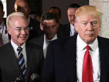 PHOTO: Health and Human Services Secretary Tom Price and President Donald Trump arrive at the US Capitol to meet with the Republican House Conference, March 12, 2017.